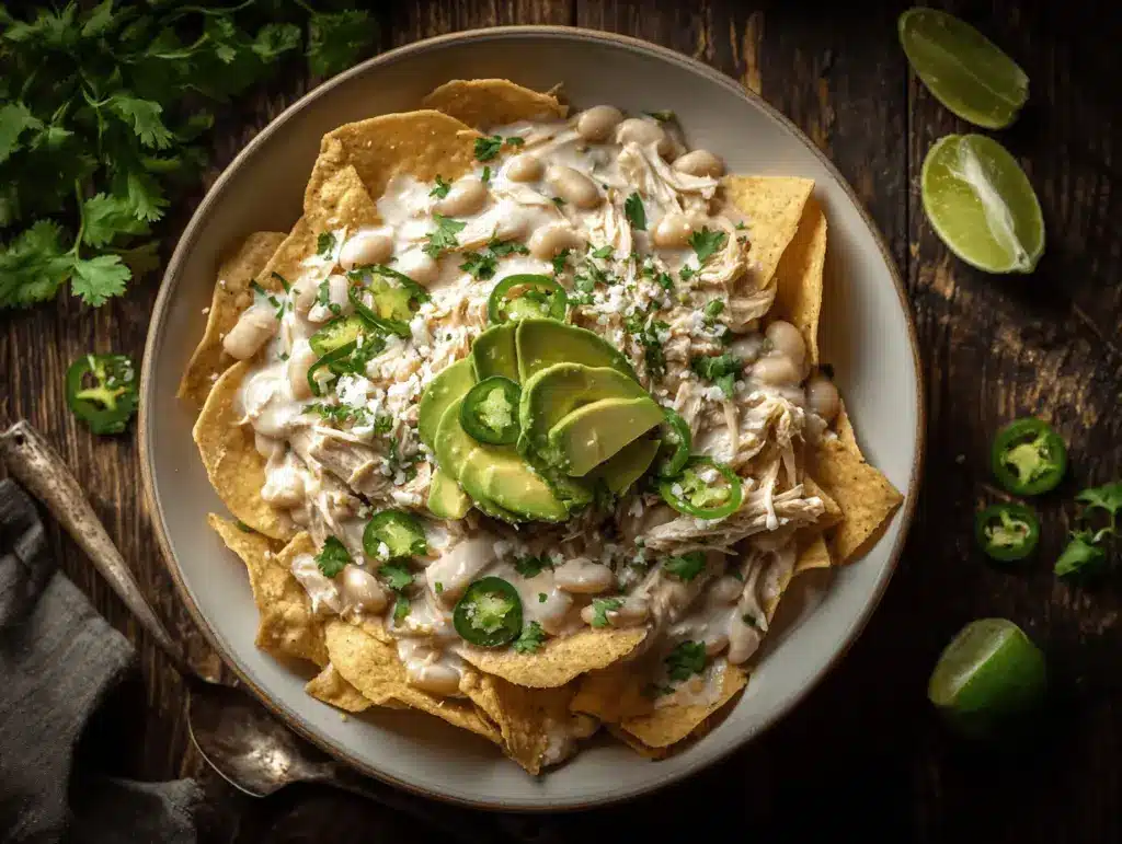 creamy white chicken chili nacho bowls - featured image